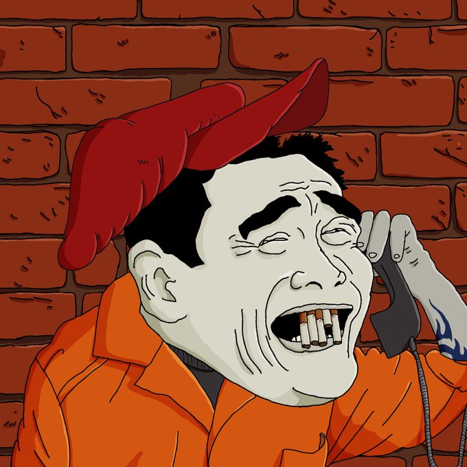 A cartoon illustration shows a pale-faced man in an orange prison uniform against a brick wall, wearing a red cap askew, laughing while holding a telephone receiver to his ear.