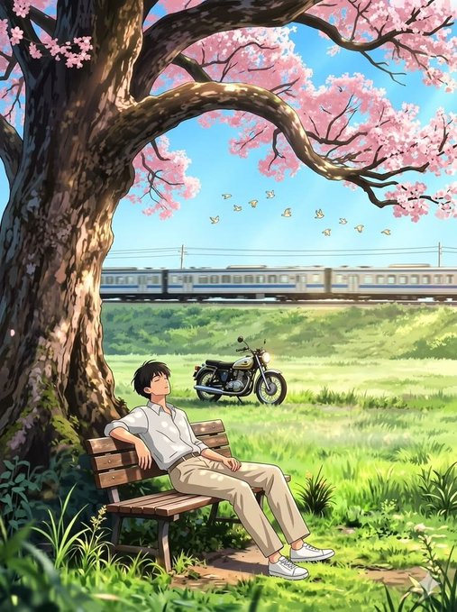 An anime-style illustration of a young man relaxing on a bench under a blooming cherry blossom tree, with a motorcycle and a passing train in the background.