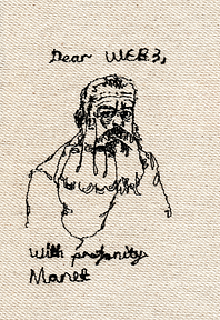 A simple hand-drawn sketch on textured paper depicting a bearded figure with the handwritten text "Dear WEB3, with prosperity, Marett" above and below the drawing.