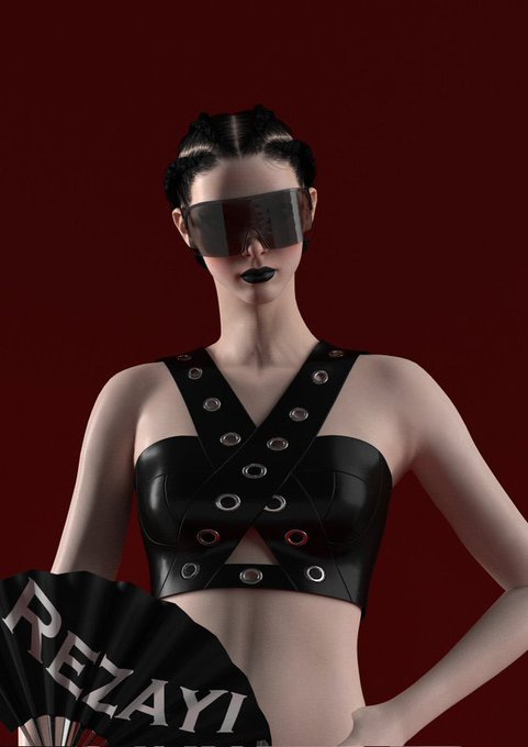 A fashion-forward woman wearing dark visor sunglasses and a black leather crisscross top holds a fan reading 'REZAYI' against a deep red background.