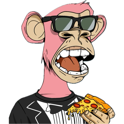 A cartoon illustration of a pink monkey wearing black sunglasses and a tuxedo, with its mouth wide open as it holds a slice of pepperoni pizza.
