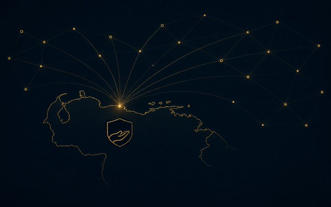 Golden network/connection diagram overlaid on a world map outline with a shield-and-hand icon at the center, suggesting global cybersecurity or network connectivity.