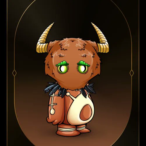An illustrated character with brown fur, two horns, green eyes, and a white cloth sling/bag, displayed in an oval frame.