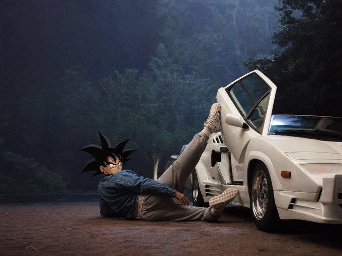 An anime-style figure with spiky black hair relaxes against a white sports car with its scissor door open, set against a dark, forested backdrop.
