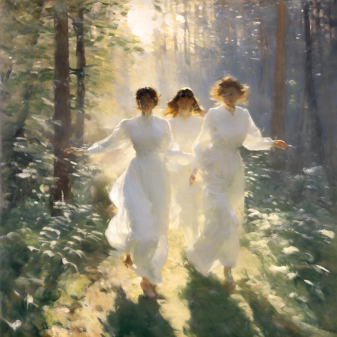 A painterly artwork depicts three women in flowing white dresses walking together through a sunlit forest, with their faces blurred and ethereal light streaming through the trees around them.