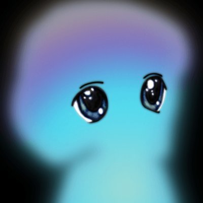 A close-up of anime-style eyes with blue irises against a purple-to-teal gradient background, framed by a dark vignette.