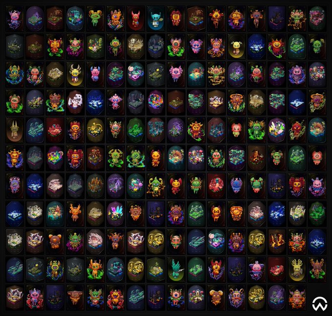 A dense grid showing dozens of colorful pixel-art character icons, appearing to be NFT collectibles, arranged in rows with a small logo in the bottom right corner.