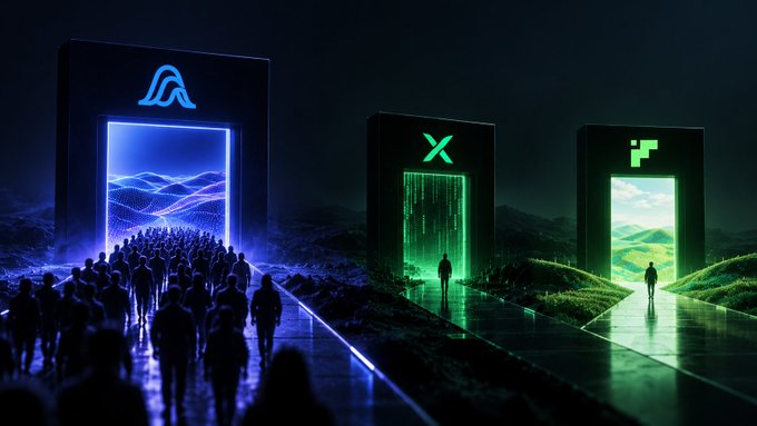 A digital artwork depicting three glowing portal doorways labeled with logos, with silhouettes of people walking toward the blue and green-lit portals in a dark landscape.
