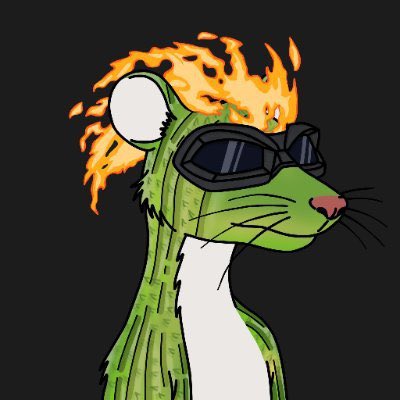 A cartoon illustration of a green lizard-like character with a flaming head, wearing dark sunglasses against a black background.