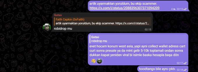 A screenshot of a Discord chat in Turkish discussing a scam link (x.com/status/2088396307371094209) and a 'wallet adress' collection scheme.