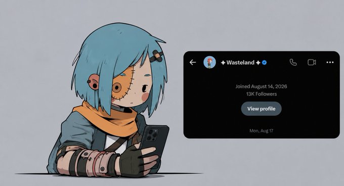 An anime-style illustration of a blue-haired character with a stitched eye patch looking at a smartphone, alongside a social media profile popup for '✦Wasteland✦' showing they joined August 14, 2026, have 13K Followers, and a message dated 'Mon, Aug 17.'