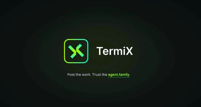 A logo graphic on a dark background displaying 'TermiX' next to a green and yellow X icon, with the tagline 'Post the work. Trust the agent.family.'
