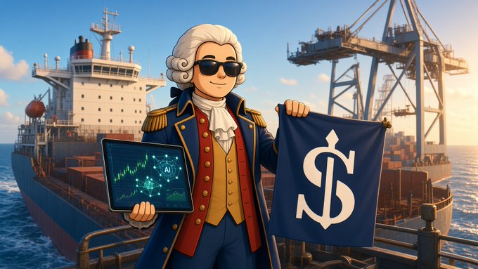 A stylized illustration features a figure in 18th-century attire and sunglasses holding a tablet displaying financial charts and "AI," while holding a banner with an anchor-and-dollar logo, set against a backdrop of cargo ships.
