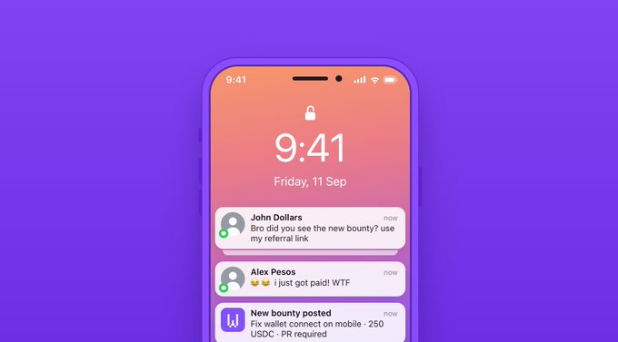 A mockup of an iPhone lock screen on a purple background displaying the time 9:41 on Friday, 11 Sep, with lock screen notifications from 'John Dollars' about a new bounty with a referral link, 'Alex Pesos' saying 'I just got paid! WTF', and 'New bounty posted' about a wallet connection.