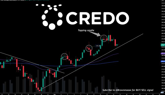 A technical analysis chart of CREDO ($CRDO) stock shows a bullish trendline with three circled "topping candle" patterns, with the price currently testing the ascending trendline support and moving averages for a potential bounce.