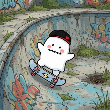 A cute white ghost character wearing a black cap with red heart details is performing a trick on a skateboard inside a graffiti-covered concrete bowl, perfectly capturing the "Let's Shred!!!!" vibe with its playful skating action.
