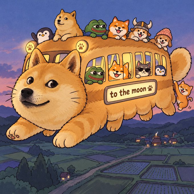 An illustration showing a giant flying dog-shaped bus labeled 'to the moon' carrying various animals including cats, a frog, a penguin, and a dog wearing a viking helmet. The whimsical scene is set against a twilight sky over fields and small houses.