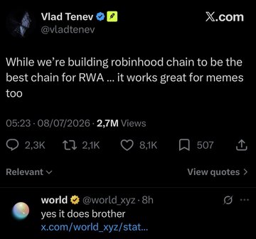 The image shows a tweet from Vlad Tenev (@vladtenev) stating "While we're building robinhood chain to be the best chain for RWA ... it works great for memes too," posted on 08/07/2026 with 2.7M views. This tweet, from Robinhood's CEO, highlights how the newly launched Robinhood Chain (an Ethereum L2 built on Arbitrum) is unexpectedly gaining traction for memecoin trading—a notable moment that, as the caption notes, also drew comparisons to Solana's memecoin dominance.