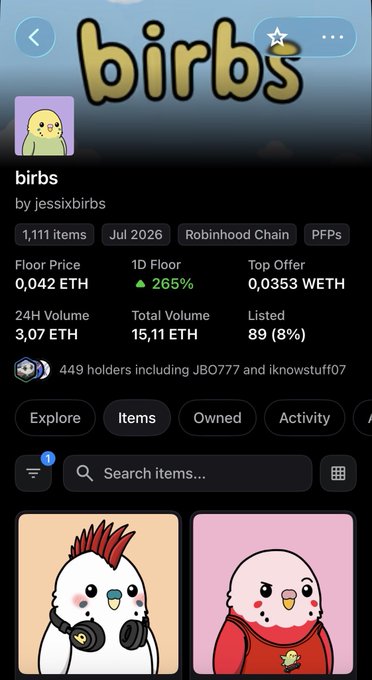 An NFT marketplace listing for the "birbs" collection by jessixbirbs, showing 1,111 items with a floor price of 0.042 ETH, 449 holders, and featuring cartoon bird characters.