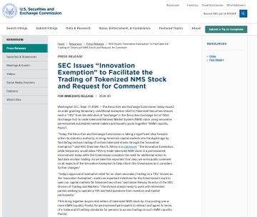 A webpage from the U.S. Securities and Exchange Commission announcing 'SEC Issues Innovation Exemption to Facilitate the Trading of Tokenized NMS Stock and Request for Comment' as a press release.