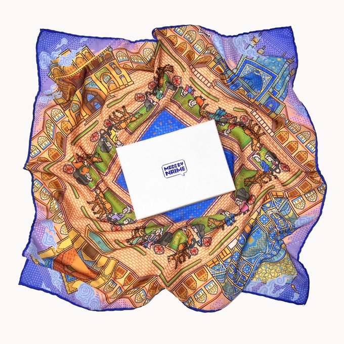 A vibrant, intricately illustrated silk scarf by artist Naime ("Naime by Naime") is artistically draped to frame a central white card bearing her logo, showcasing the colorful architectural and character designs she creates for @basepaint_xyz canvases and @chonksxyz traits. The flowing fabric highlights the rich, hand-drawn artistry that fans are encouraged to support.