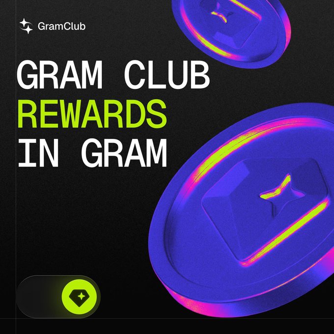 A GramClub promotional graphic with bold text 'GRAM CLUB REWARDS IN GRAM' on a black background, featuring 3D blue coin illustrations with neon pink/yellow accents.