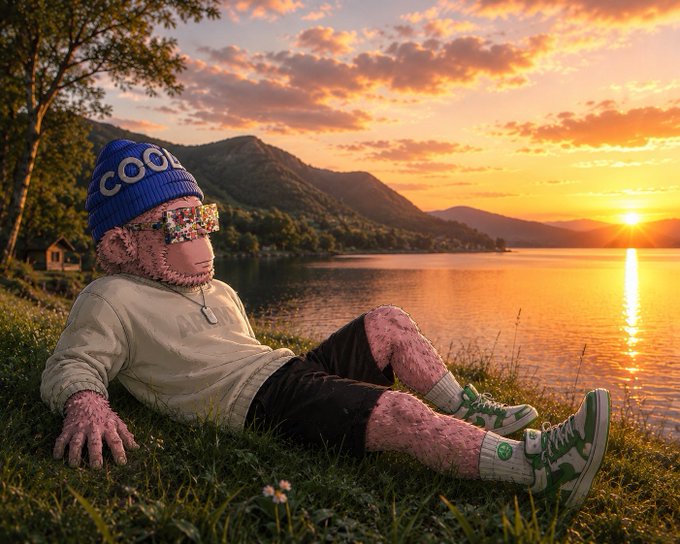 A surreal, AI-generated image of a pink anthropomorphic character wearing a blue 'COOL' beanie and sunglasses, relaxing by a lake at sunset.