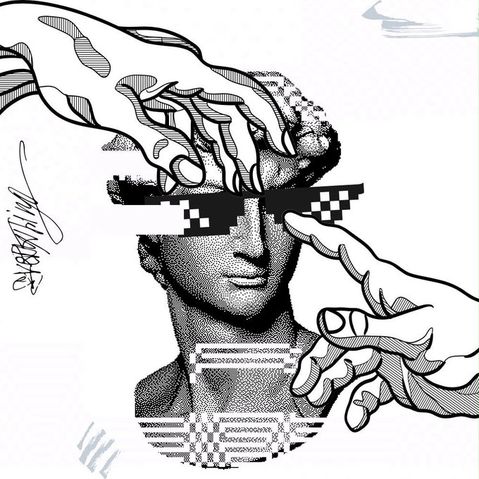 A black-and-white stippled illustration of a classical statue wearing pixelated 'deal with it' sunglasses, with two hands reaching toward it, signed with an 'OVERTHINK' tag.
