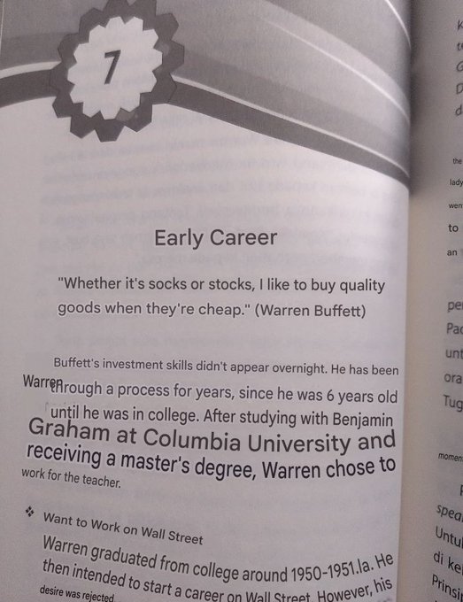 An open book page titled 'Early Career' about Warren Buffett, featuring his quote 'Whether it's socks or stocks, I like to buy quality goods when they're cheap.'