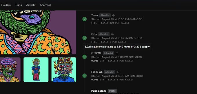 The image shows an OpenSea collection page for "Alowlist" NFT project, displaying phasic minting details including a Team phase, OGs phase with 3,921 eligible wallets out of 7,842 mints of 3,333 supply, GTD WL phase, and FCFS WL phase, along with a character artwork with green beard and tongue. The screenshot illustrates the post's point about OpenSea's update making wallet allocation per phase transparent, preventing over-allocation collection rugs.