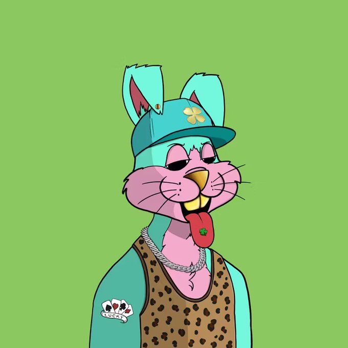 A cartoon illustration of a pink and blue rabbit wearing a teal cap with a clover, a silver chain, and a leopard-print tank top, against a green background with a 'LUCKY' patch.