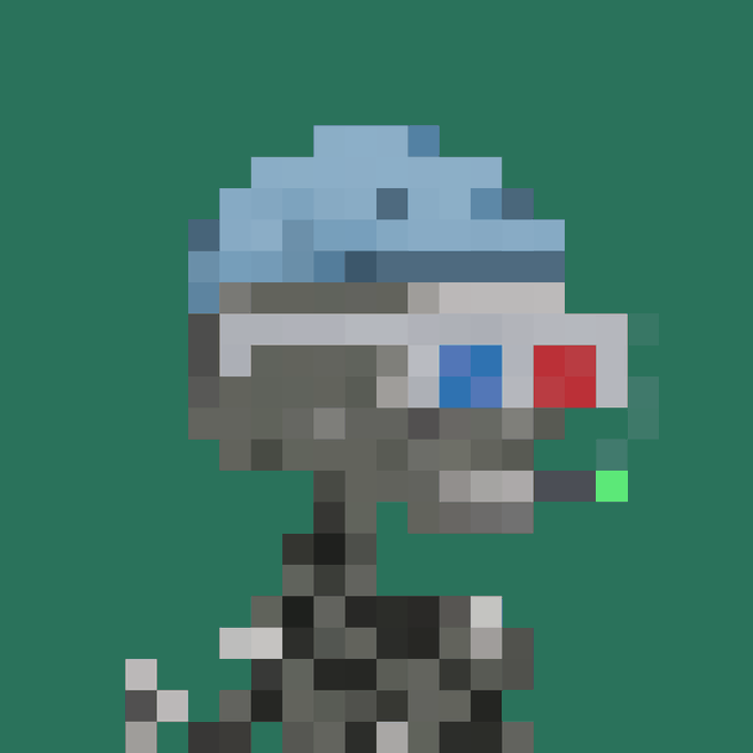 A pixel art illustration of a character with light blue hair wearing a futuristic visor with red and blue lights, set against a solid dark green background.
