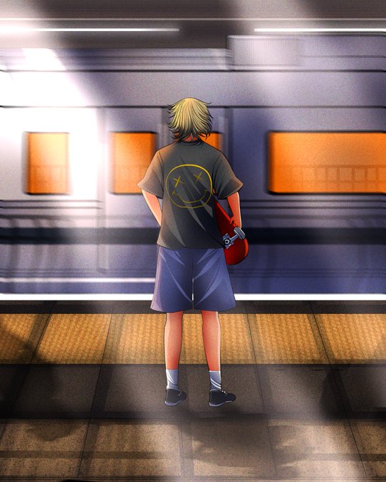 An anime-style illustration shows a blonde-haired boy with his back turned, wearing a black smiley-face t-shirt, blue shorts, and carrying a skateboard, standing on a subway platform as a blurred train passes by.