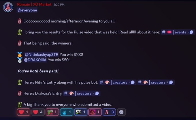 A Discord message from 'Romain | XO Market' announces the winners of a Pulse video contest, awarding $100 to @NitinkashyapSTR and $50 to @DRAKOIIIA.