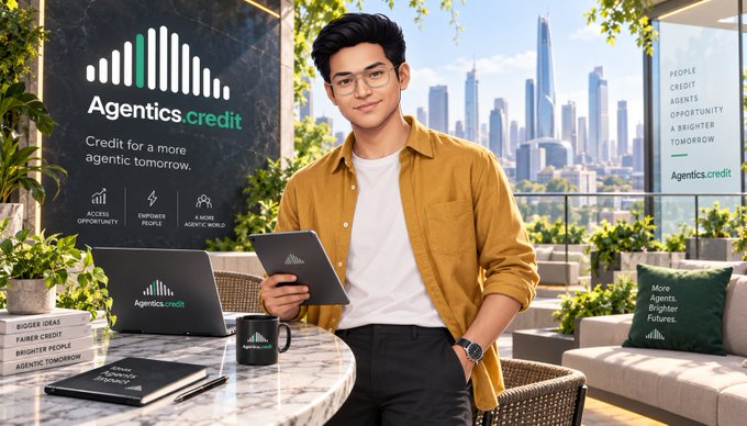 A promotional image for 'Agentics.credit' showing a young man with glasses holding a tablet, with branding visible on a marble counter, laptop, and mug, set against a city skyline backdrop.