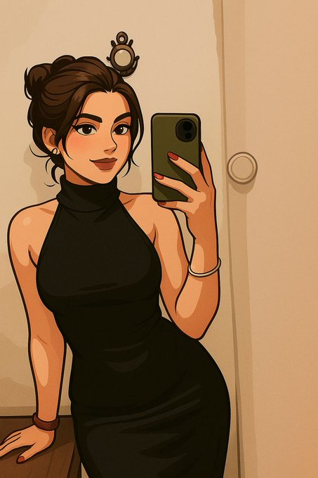 An animated illustration shows a woman with a brown bun taking a mirror selfie with a green phone, wearing a black sleeveless top and a silver bracelet.