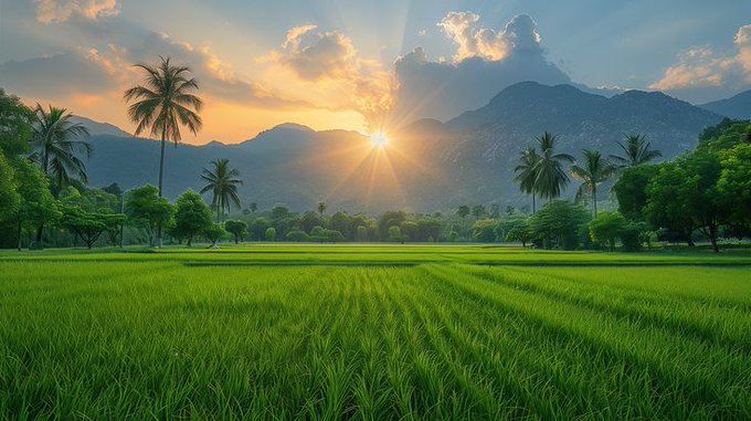The image presents a picturesque view of a rice field with mountains visible behind it at sunset, creating a serene atmosphere. The sun appears to be setting over the mountains as it casts its warm hues across the scene. There are palm trees scattered throughout the field, adding to the tropical ambiance. The overall scene suggests that it's a nice day outside and people might be enjoying this beautiful location for various activities such as relaxation or photography.