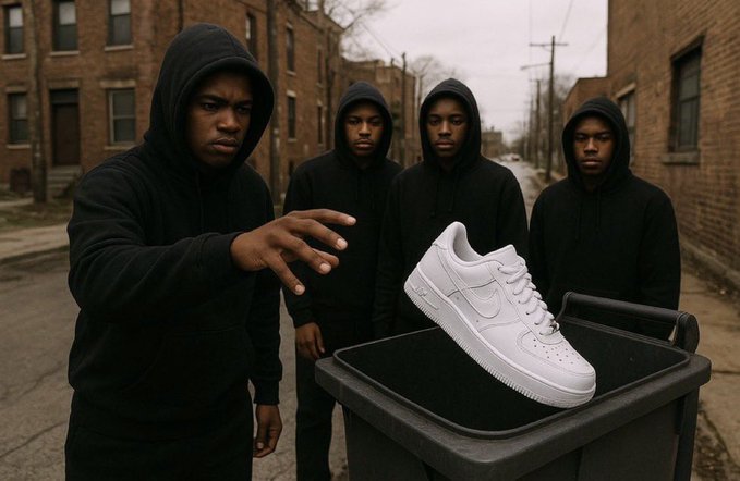 Four young men in black hoodies stand on an urban street as one uses telekinetic-like powers to levitate a white Nike Air Force 1 sneaker above a trash bin, while the caption "Good. Drop them to $40" humorously suggests they are using this power to force the shoe's price down.