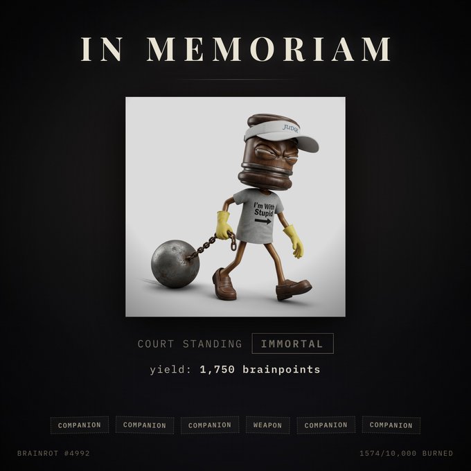 An 'IN MEMORIAM' page displays Brainrot #4992, an immortal gavel-headed character walking with a ball and chain, yielding 1,750 brainpoints (1,574/10,000 burned).