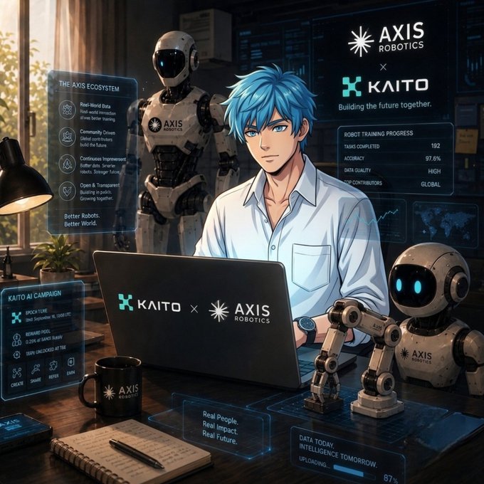 An anime-style AI-generated promotional image featuring a blue-haired character working at a laptop branded 'KAITO x AXIS Robotics,' surrounded by humanoid robots, holographic displays showing 'Robot Training Progress,' and text reading 'Better Robots. Better World.' and 'Building the future together.'