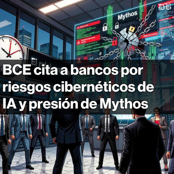 ia y presiones de Mythos, a comic strip with a group of men in suits and ties gathered around a large screen displaying a chain-link fence and a red and green lock.
3. BCE cita a bancos por riesgos ciberneticos de IA y presiones de Mythos