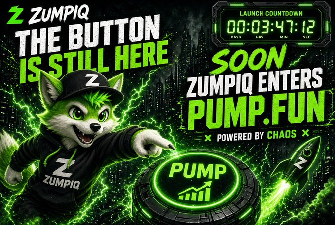 A neon green and black promotional graphic for ZUMPIQ featuring an anthropomorphic fox character, displaying the text 'THE BUTTON IS STILL HERE' and announcing 'ZUMPIQ ENTERS PUMP.FUN' with a launch countdown timer powered by CHAOS.