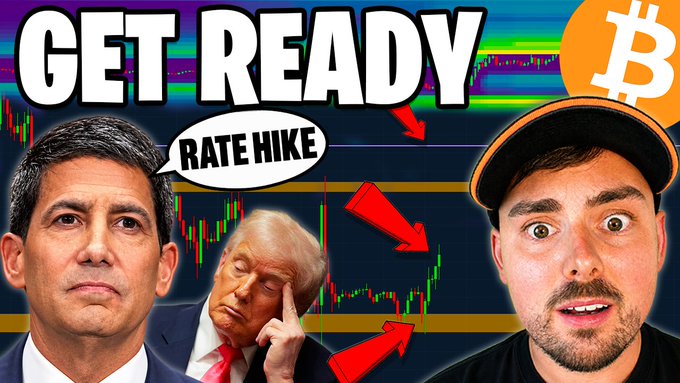 A YouTube thumbnail featuring the text 'GET READY' and 'RATE HIKE' alongside images of a man in a suit, Donald Trump, and a shocked-looking man with a Bitcoin symbol in the corner, set against a cryptocurrency price chart.