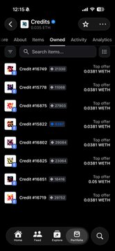 The image shows a credit dashboard listing various "Credit" tokens (#18749 through #18759) with prices ranging from 0.0242 to 0.0381 WETH and varying WETH values. This relates to the post's enthusiasm about "cooking" (profit-making) in crypto trading, suggesting the user is showcasing their portfolio of credit assets as evidence of active, successful trading rather than sitting on the sidelines.