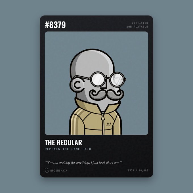 An NFT-style collectible card labeled '#8379 THE REGULAR' from NPCONCHAIN, depicting a bald man with round glasses and a mustache wearing a beige jacket with an 'N' logo, with the tagline 'REPEATS THE SAME PATH.'