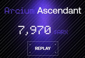 The image features a purple background with white text that reads "Arcium Ascendant 7,970 SRAX". The text is arranged in a vertical line format, with the numbers separated by dots. Below this information, there's a button labeled "Refresh" and another button labeled " replay", both of which are located at the bottom right corner of the image.