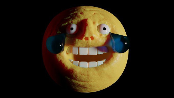 A 3D rendered emoji-style sun with a wide toothy grin, red blood-like markings, and large blue teardrops on its eyes, set against a black background.