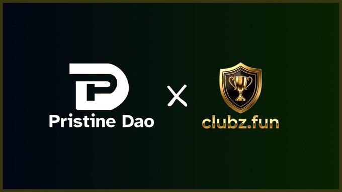 A promotional graphic on a dark green background featuring the logos 'Pristine Dao' and 'clubz.fun' separated by a white 'x' symbol.