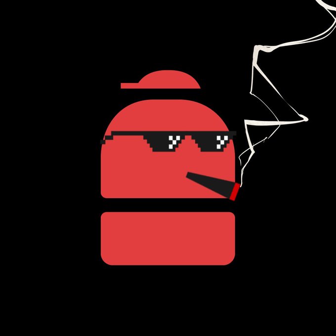 A stylized red backpack character wearing pixelated 'deal with it' sunglasses and holding a small cigarette, depicted with pixel art aesthetics.