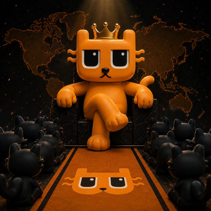 A 3D rendered orange cat character with a gold crown sitting on a throne, surrounded by smaller black cat figures, with a matching orange cat face on an orange carpet runner.